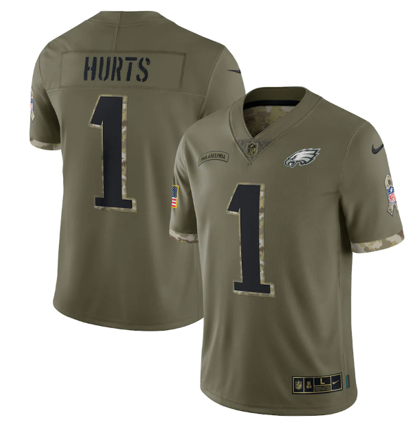 Men's Philadelphia Eagles #1 Jalen Hurts Olive 2022 Salute To Service Limited Stitched Jersey